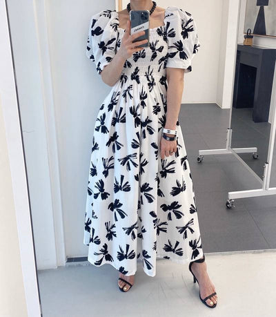 Elegant Sexy Off Shoulder Print Long Dress Chic Square Collar Floral Dress Women Summer Puff Sleeve A Line Casual Dresses 21252