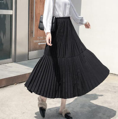 Elegant Black Gray Long Skirts For Ladies Vintage High Elastic Waist Maxi Skirt Women A-line Saia Retro Patchwork Pleated Skirt