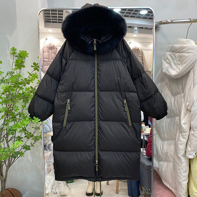 Mid-length Hooded Big Fur Collar Puffer Jacket Women 2021 Winter Warm Parkas Korean Casual Lightweight White Duck Down Outwear