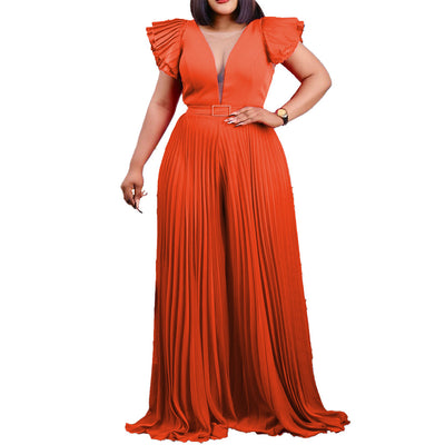 Plus Size Women Jumpsuits Solid Pleated V Neck One Piece Outfit 2022 Summer Female Casual Jumpsuit Wholesale Wide Leg Pants