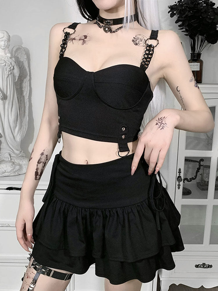Retro Gothic Black Basic Crop Top Bodycon Women Camis Grunge Punk Clothes Lace Trim Sexy Corset Top Backless Flocking Vest