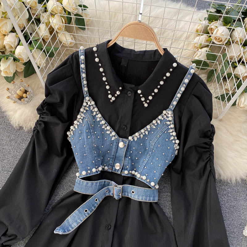 Patchwork Diamond Pearl Set For Women Lapel Long Sleeve Shirt Short Denim Vest Chic Two Piece Sets Female Fashion