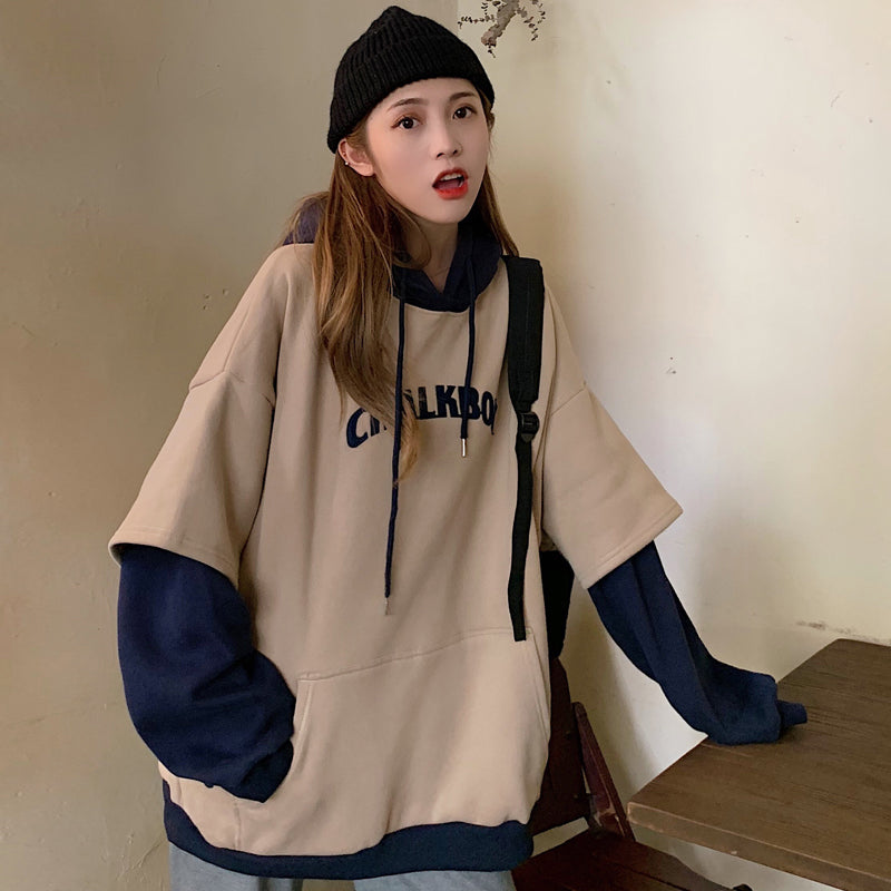 BF Style Embroidery Letter Long Loose Hooded Pullovers Women Plus Velvet Thicker Korean Warm Students Daily Hoodies Ulzzang New