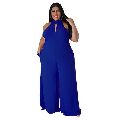 Plus Size Women 4xl Jumpsuit Halter Solid One Piece Outfit Casual Sleeveless Club Jumpsuit Summer Lady Wide Leg Pant Wholesale