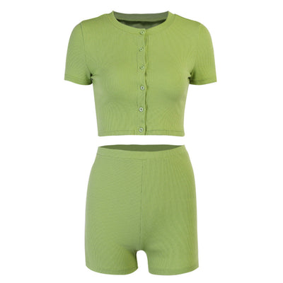 2 Piece Set Sexy Women Casual Ribbed Button Up Cardigan Summer Short Sleeve Crop Top+Jogger Shorts Korean Vintage Sporty Outfit