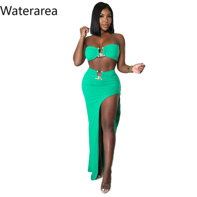 Waterarea Fashion Solid Women's Suit Sexy Strapless Bra+Split Maxi Skirt Suit Night Party Evening Two Piece Set New Summer 2022