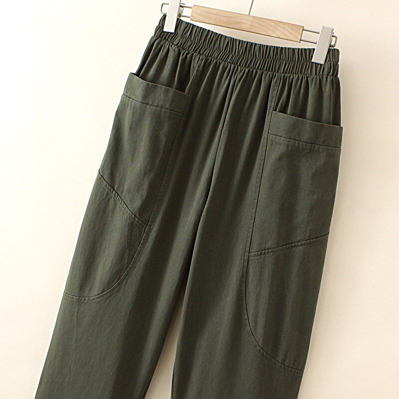 Plus Size XL-4XL Women&#39;s Full Cotton Casual Pants Elastic Waist Solid Color Harem Long Trousers with Pockets