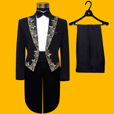 (Jacket+Pants+Bowtie) Fashion Brand Mens suits Tuxedos Tailcoat Male Wedding Slim Blazers Prom Groom Black Embroidered Suit