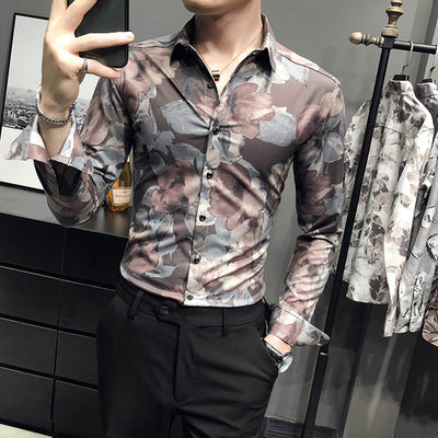 Brand Floral Print Men Shirt Autumn Long Sleeve Business Dress Formal Dress Shirts 2021 Slim Social Casual Shirt Chemise Hombre