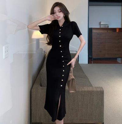 Summer Vintage Elegant Knit Long Dress Women 2022 Single-breasted Slim Fashion Ladies Dresses Short Sleeve Stylish Split Dress