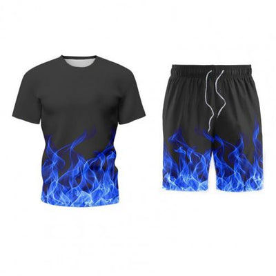 3D Digital Print Men Tracksuit Drawstring Two Piece Summer Flame Print T-Shirt Shorts Suit Activewear Sweat Absorbing Sportswear
