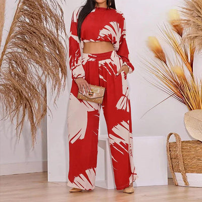 Spring Street Pocket Loose Set Casual O Neck Print Cropped Top Wide Leg Pants Suit Women Print Elastic Waist Pants Two-piece Set