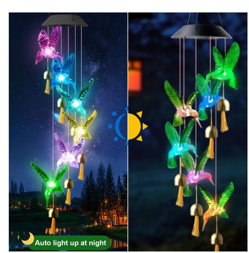 Color Changing Solar Wind Chime Crystal Ball Hummingbird Wind Chime Lamp Waterproof Outdoor