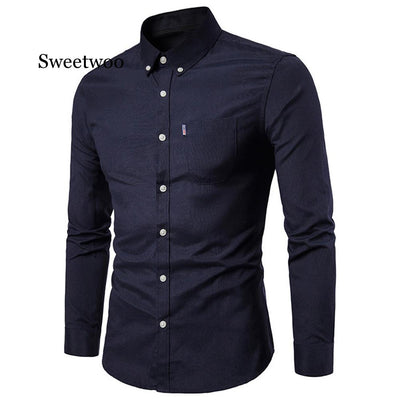 Spring Long Sleeve Formal Shirt For Men Solid Slim Basic Turn-down Collar Business Dress Shirts