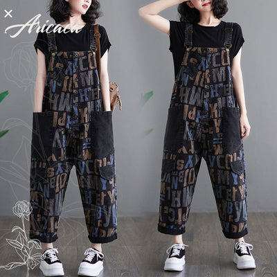 Aricaca M-2XL Jeans Jumpsuits Women Wide Leg Printed Dungarees Straps Pants Denim Overalls