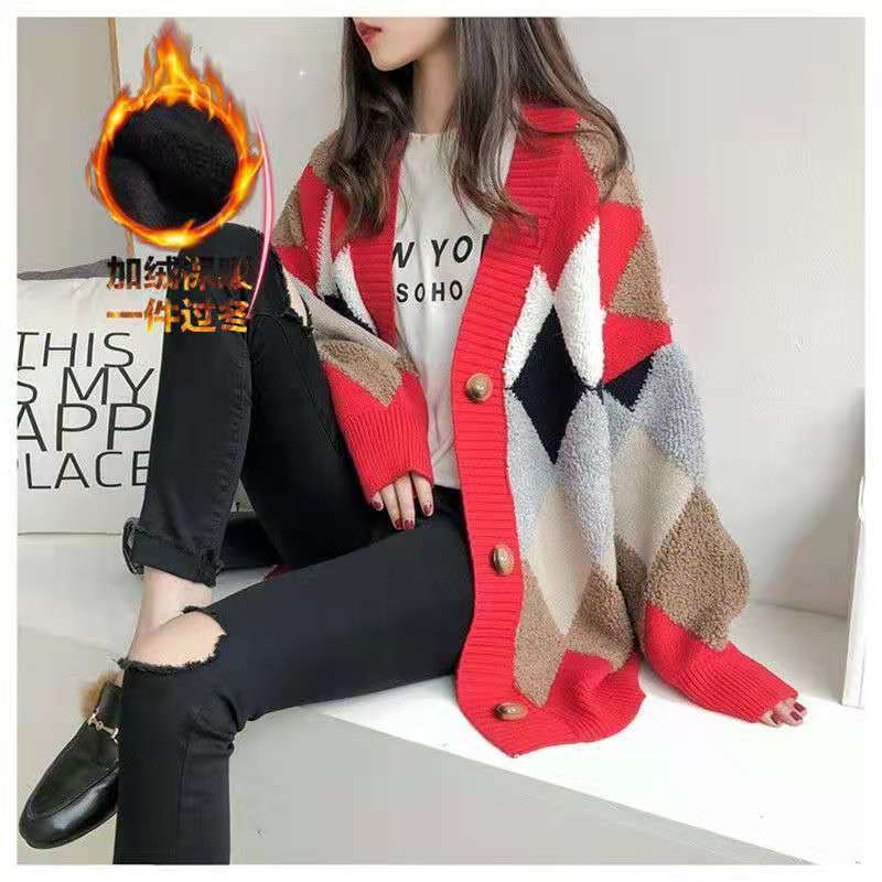 Women&#39;s Wool Sweater Cardigan Autumn and Winter New Splicing Coat Women&#39;s Korean Medium and Long Loose Sweater