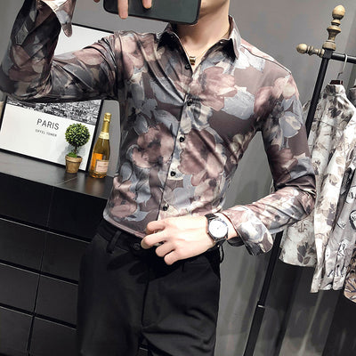 Brand Floral Print Men Shirt Autumn Long Sleeve Business Dress Formal Dress Shirts 2021 Slim Social Casual Shirt Chemise Hombre
