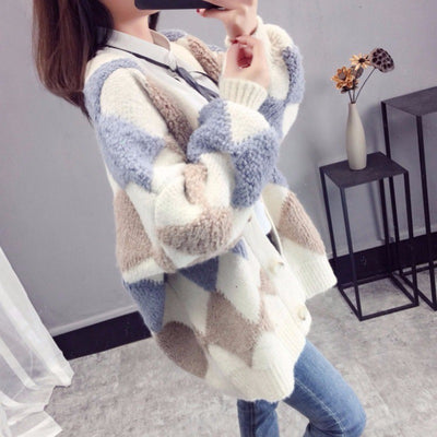 KAMUCC Women Sweaters Autumn Winter 2021 fashionable Casual Plaid V-Neck Cardigans Single Breasted Puff Sleeve Loose Sweater