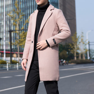 Autumn and winter men&#39;s trench coat youth woolen coat men&#39;s mid-length Korean casual coat