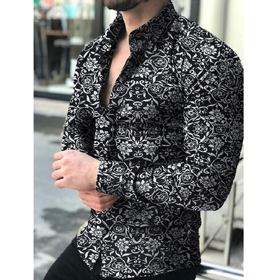 Fashion Shirts For Men Long Sleeve Floral Print Shirt Autumn Shirts Men Dress Camisa Button Lapels Collar Male Turn Down Collar