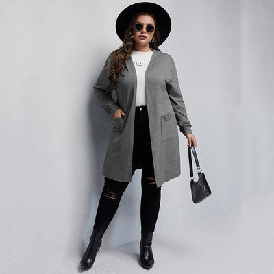 Hooded Plus Size Coat Jacket Women Fall Fashion Hoodie Windproof Warm Belt Pocket Long Sleeve Cardigan Coat Dark Grey Long Coat