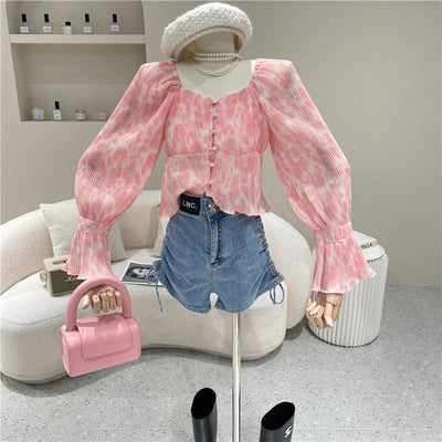 New Pleated Floral Print Chiffon Short Shirts Blouses Women Long Sleeve Korean Fashion Crop Top Slim Beach Holiday Blusas Mujer