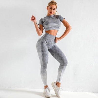 2PCS/SET Yoga Set Sport Women Yoga clothing Seamless Short Sleeve Crop Top T-Shirt Leggings Summer Run Workout Gym Suit Sets