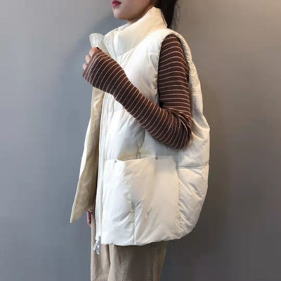 Autumn Winter New Korean Style Loose White Duck Down Sleeveless Vest Jacket Zipper Casual Open Stitch Solid Color Down Jacket