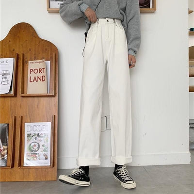 women jeans 2022 spring autumn new high-waisted wide-leg pants preppy loose drape mopping straight bootcut trousers simple trend