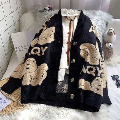 AZYT Autumn Winter Women's Cardigan Jacket 2021 Cartoon Print Loose Sweater Coat V Neck Letter Print Knitted Cardigan For Women