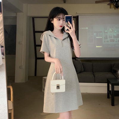 2022 Summer New Plus Size Women&#39;s Temperament Slim Short-Sleeved Hooded Dress All-Match Fashion Thin Trend Skirt