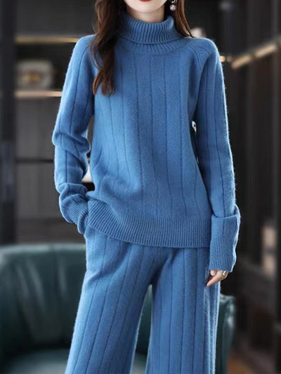 High-Quality Knitted Suit Turtleneck Pullover Sweater + Wide-Leg Trousers Two-Piece Set 2022 Autumn New Fashion Women'S Clothing