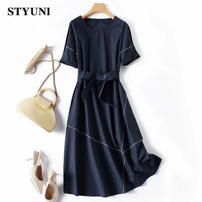 Navy Bright Line Decoration Solid Casual Lace Up Women&#39;s Dress Short Sleeve Round Neck Loose Elegant Mid-Calf Dresses For Women