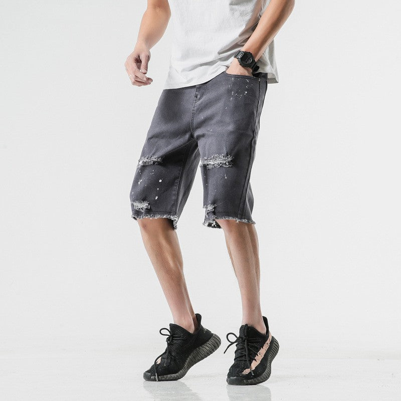 Male Casual Denim Shorts Korean Fashion Streetwear Vintage Washed Hole Ripped Trouser Summer Slim Straight Jeans Man Plus Size