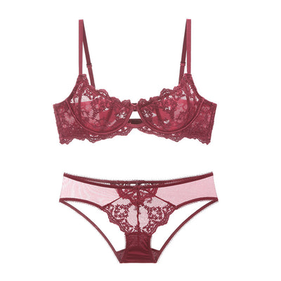 Underwear suit embroidery lace sexy transparent with steel ring linegrei ultra-thin big chest show small gathered bra sets