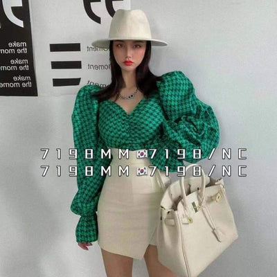 Shirts Women Pleated Ruffle Slash Neck Plaid Long Sleeves Tops Off Shoulder Slim Girls Ulzzang Elegant Retro Loose Chic Stylish