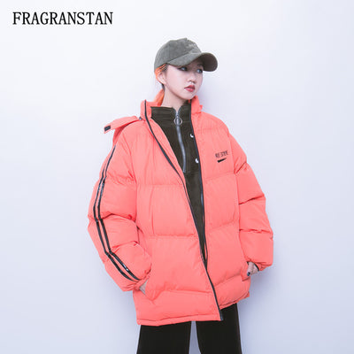 Winter Female Cotton Thick Keep Warm Ladies Hooded Padded Jacket New Fashion Letter Striped Parkas Personality Loose Coats JQ315