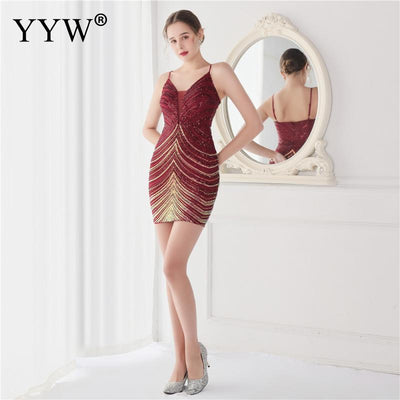 Short Sequin Dress Red New Year Dress Sleeveless Suspender A Line Knee Length Evening Dresses For 2022 Christmas Party Dresses