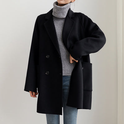 Female Minimalism Fashion Double-breasted Mid-length Lapel Comfortable Double-sided Cashmere Blend Loose Coat With Big Pocket