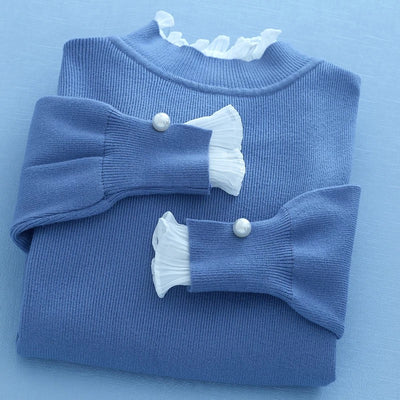 Fake Two-Pieces Knitted Thin Women Sweater Korean Fashion Solid Color Autumn Clothes Office Lady Long Sleeve Pullover