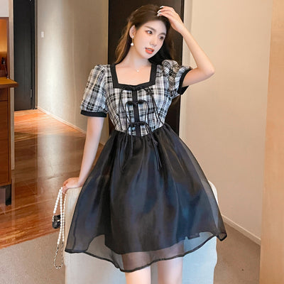Casual Fashion Patchwork Mesh Temperament Dress Female Summer Short Sleeve Slim Waist Plaid Dress Women Clothing Vestidos