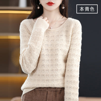 BELIARST 2022 Fall New Ladies Crew Neck Hollow Knit Long Sleeve Sweater  Merino Wool Pullover Women's Clothes Top Casual