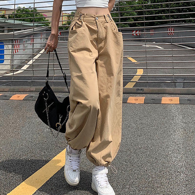 Women Casual Bloomers Pants Vintage Solid Mid Waist Drawstring Baggy Trousers Y2K Wide Leg Sweatpants Streetwear Cargo Pants