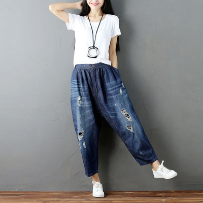 A Shirt with Water Washing and Grinding White Elastic Waist Wide Leg Denim Harem Pants Torn Radish Pants Female Wanderer
