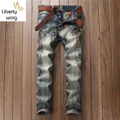 European Style Mens Jeans Punk Biker Trousers Male Streetwear Personalized Straight Leg Vintage Slim Fit Denim Pants Men Clothes
