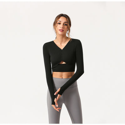 Brand New With Logo Ladies Brand Sports Long Sleeve V Neck Reveal Navel Cord Chest Pad Yoga Top Black Jogging Fitness Shirt