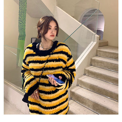 Women Short Jacket With O Neck Knitted Natural  Fur Coat Autumn Winter Spring Sweater For Femme Full Sleeve Outwear