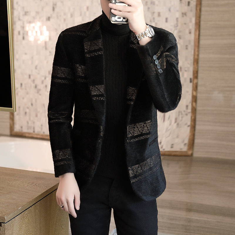 2021 Autumn Winter Men&#39;s Fashion Striped Woolen Jacket Loose Thickness d Coat for Male Casual Warm Wool Outerwear B402