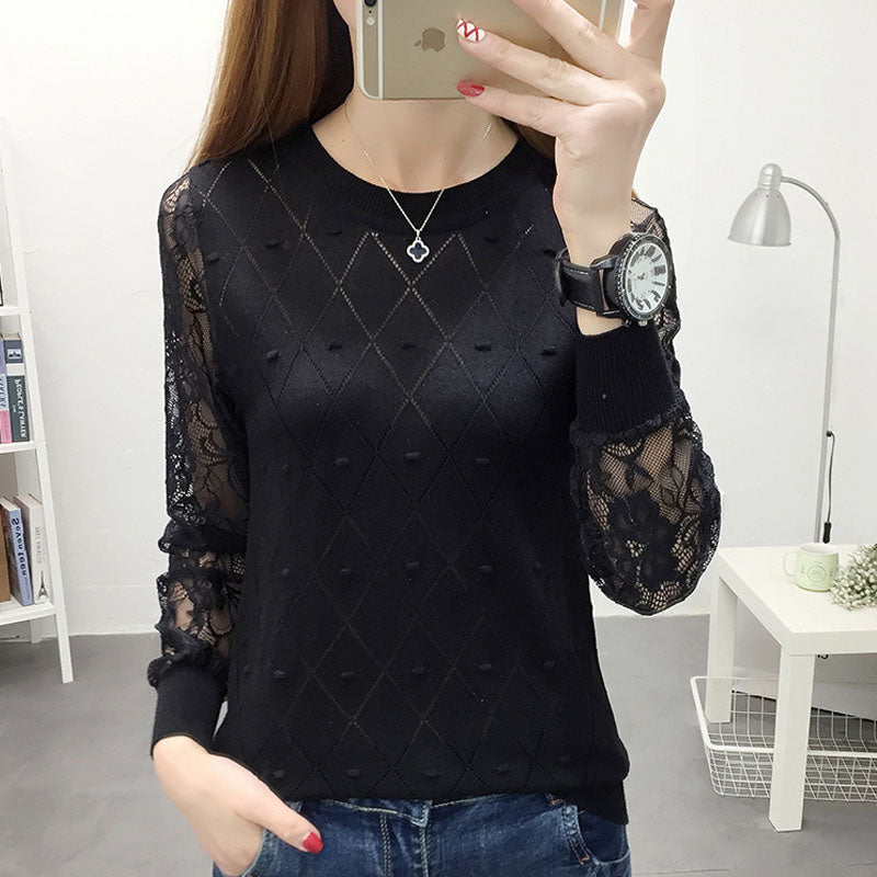 Office Lady Hollow Out Argyle Women&#39;s Clothing O-Neck Skin Friendly Thin Slim Pullovers Slight Strech Spring Summer Creative