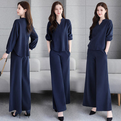 Women New 2021 Spring Autumn Simple Solid Color Long Sleeve Tops + Wide Leg Pants Suit Female Casual 2 Piece Trousers Sets Y379
